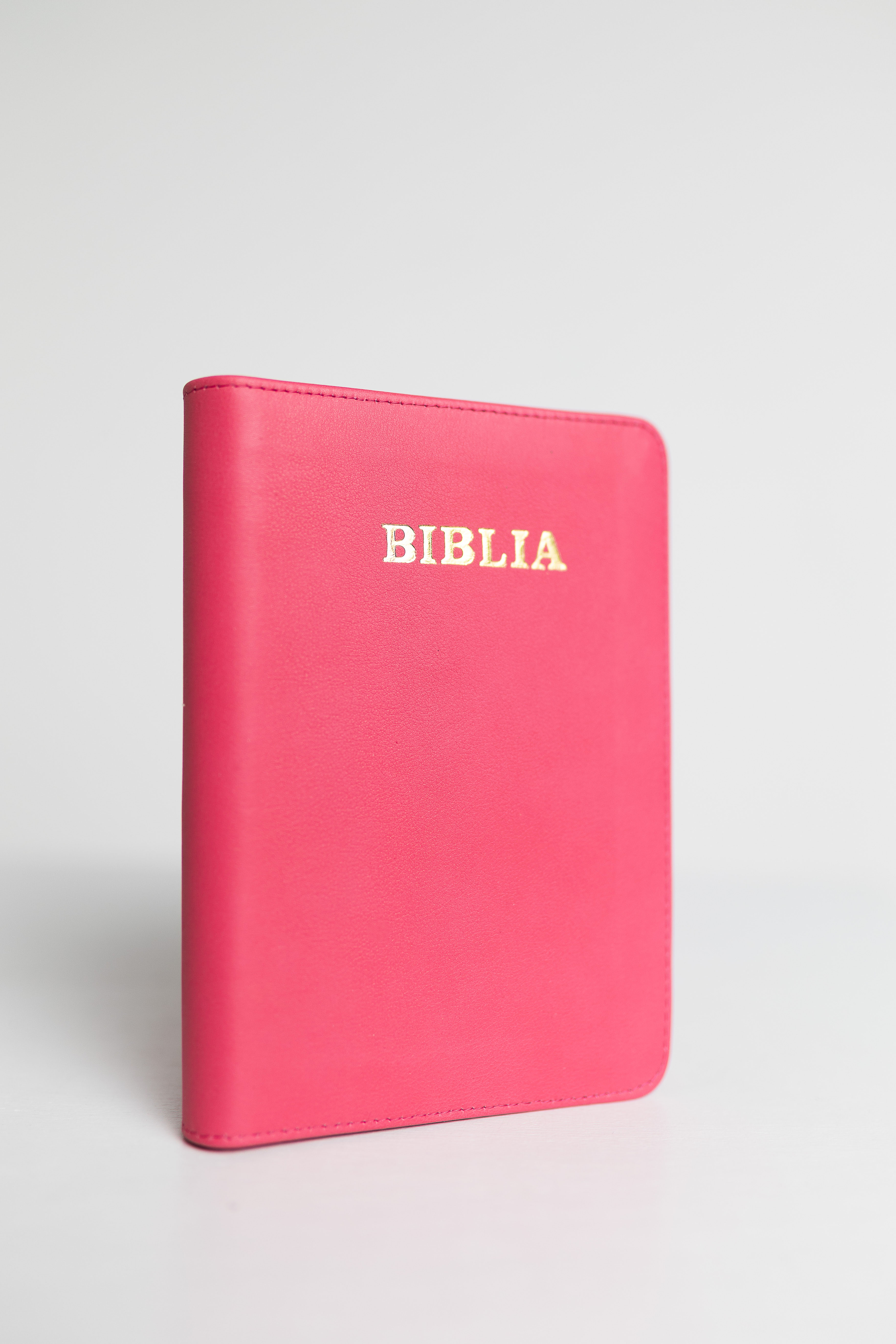 Biblie din piele, marime medie, culoare roz magenta, fermoar, index, margini aurii, cuv. lui Isus cu rosu [SB 057 PFI]